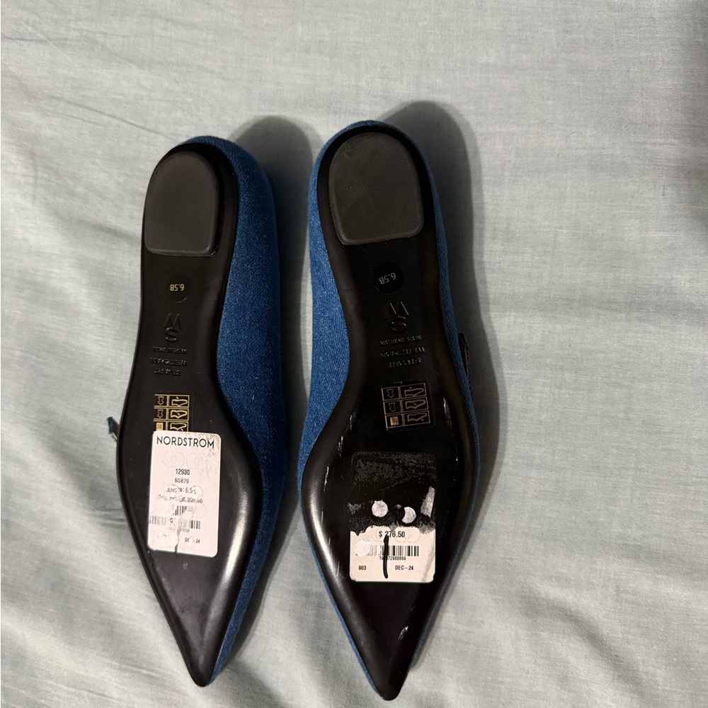 Stuart Weitzman Emilia Denim Blue Pointed-Toe Mary Jane Flats - Picture 6 of 8